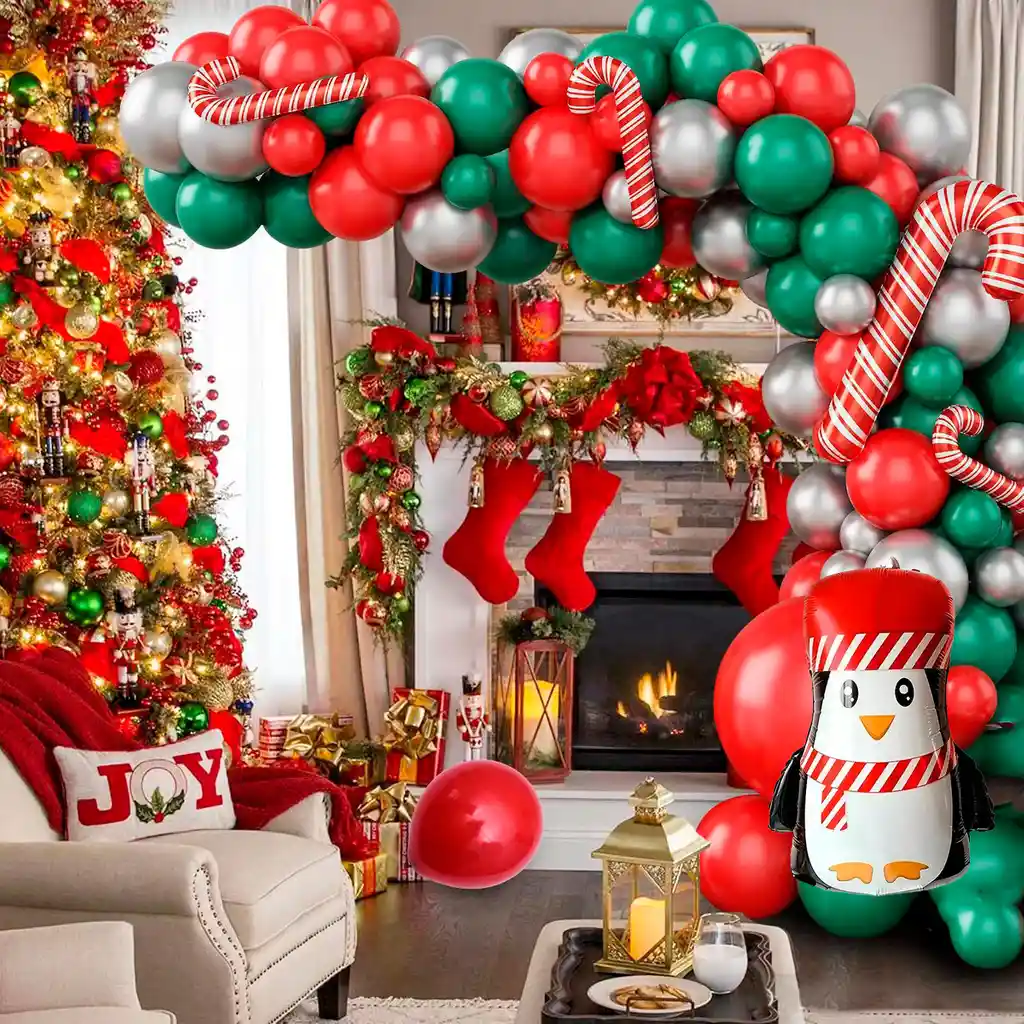 Arco Decoración Globos Navidad Pingüino Bastones Rojo Verde