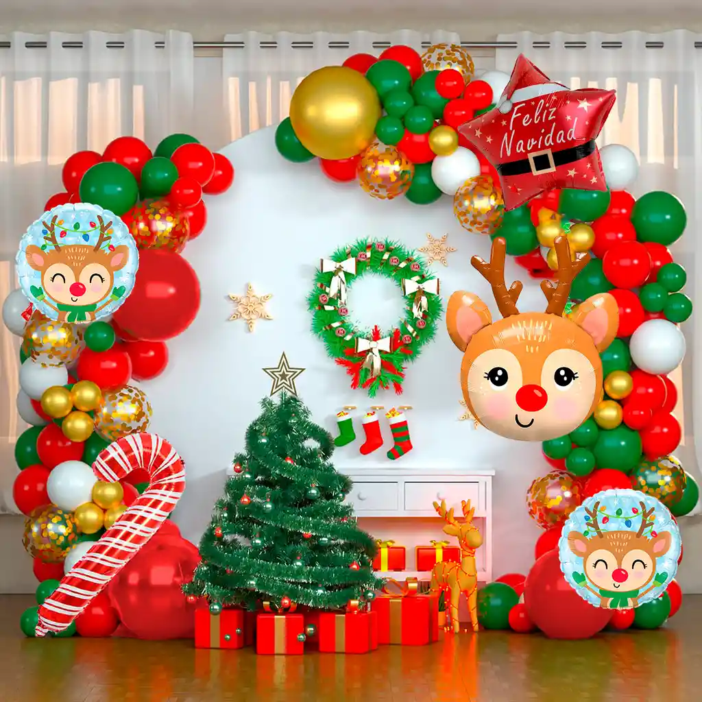 Arco Decoración Globos Navidad Reno Baston Blanco Rojo