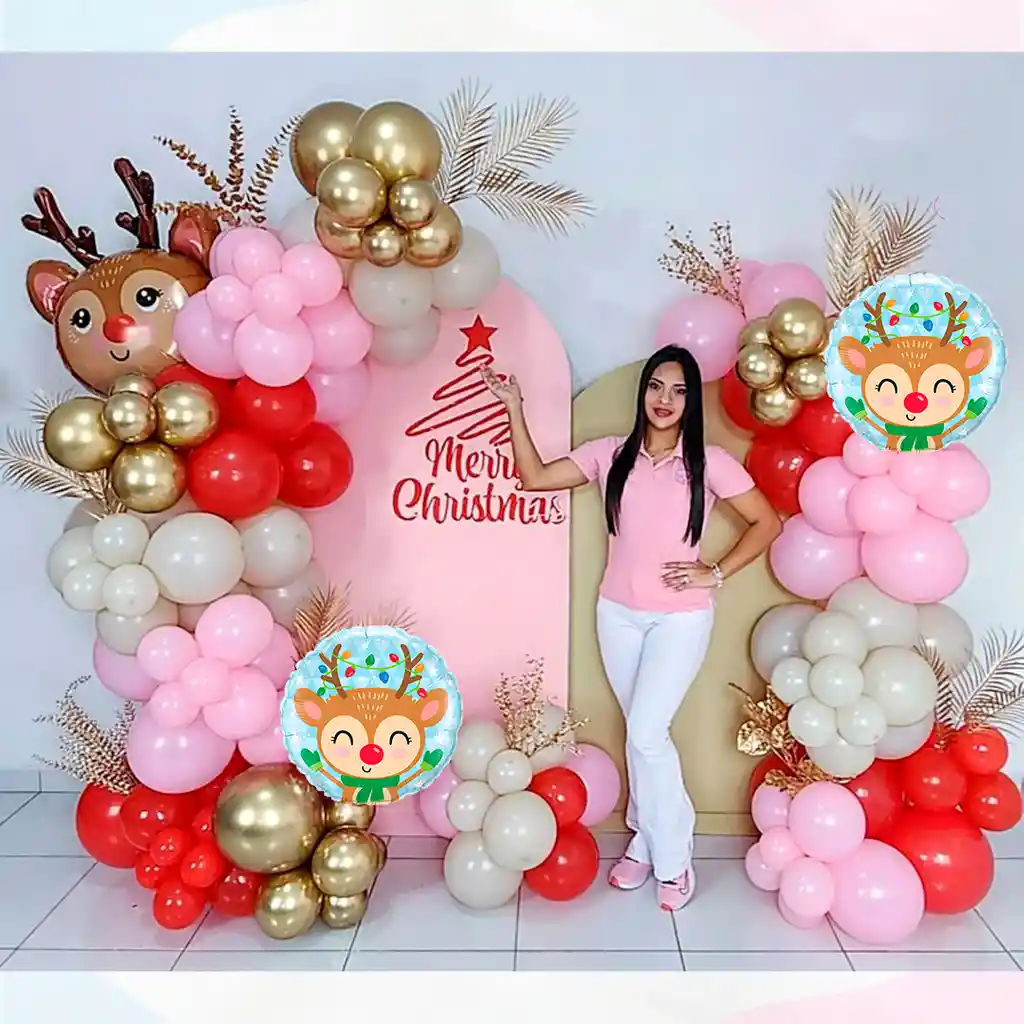 Arco Globos Navidad Rosa Rojo Arena Reno Dorado Fin Año