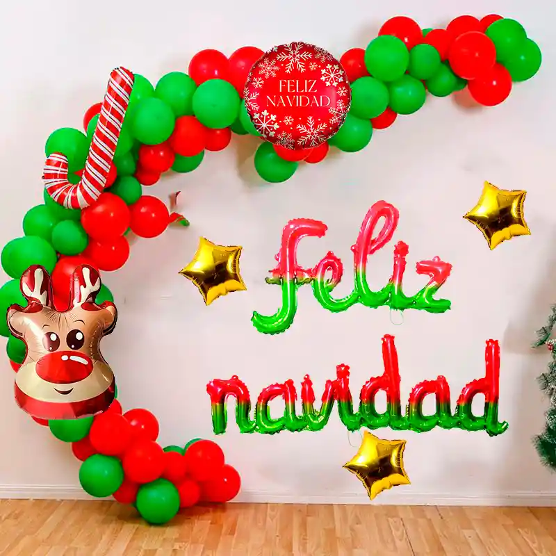 Globo Arco Decoración Reno Navidad Letras Verde Rojo