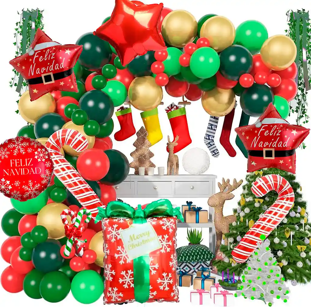 Kit Arco Globos Navidad Bastones Rojo Verde Dorado