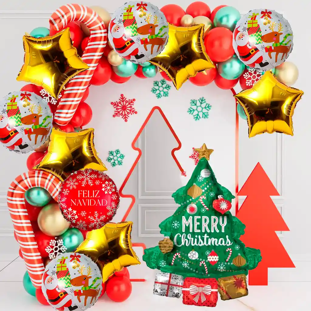 Kit Arco Decoración Globos Navidad Papá Noel Rojo Bastones