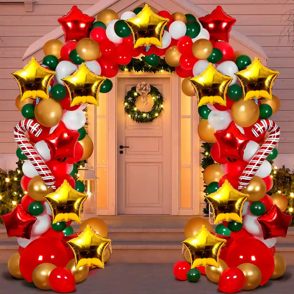 Kit Arco Decoración Globos Navidad Estrellas Doradas Rojas