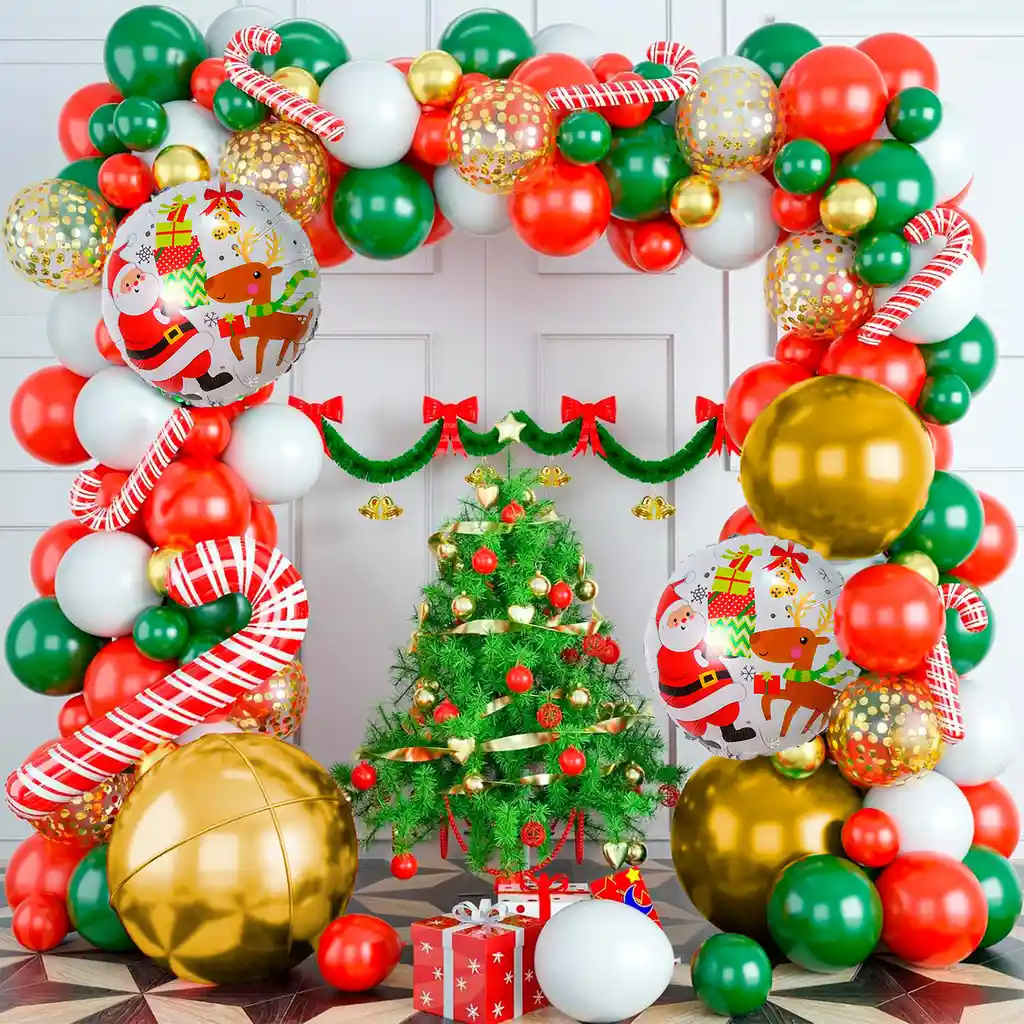 Kit Arco Decoración Globos Navidad Papá Noel Dorado Bastones