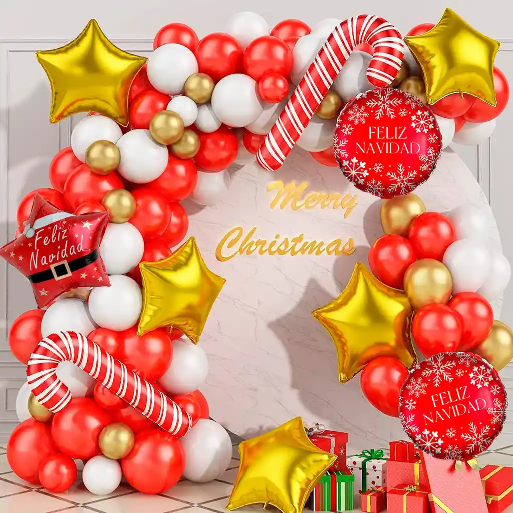 Kit Arco Decoración Globos Navidad Bastones Rojo Dorado