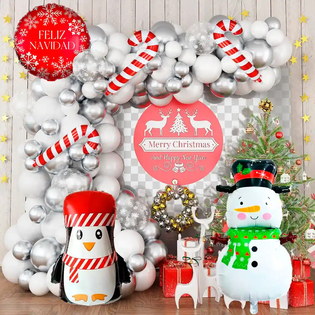 Kit Arco Decoracion Navidad Nieve Pingüino Muñeco Bastones