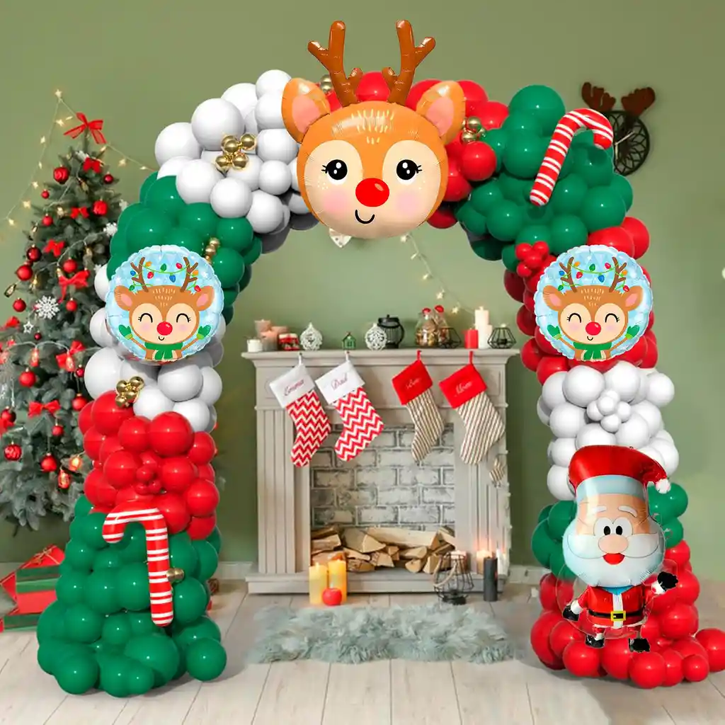 Kit Arco Decoración Globos Navidad Papá Noel Renos Bastones