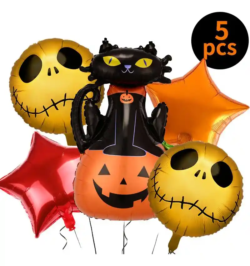 Kit Globos Gato Calabaza Jack Dorado Halloween Rojo Naranja