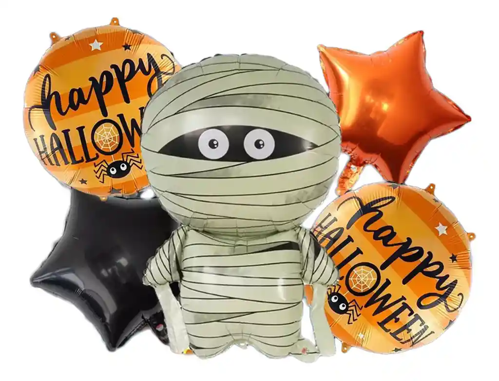 Kit Globos Bouquet Momia Halloween Naranja Negro