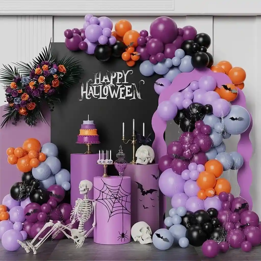 Kit Globos Halloween Pasteles Morado Azul + 12 Murciélagos