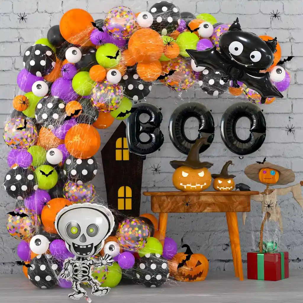 Kit Globos Halloween Boo Verde Calavera +12 Murciélagos