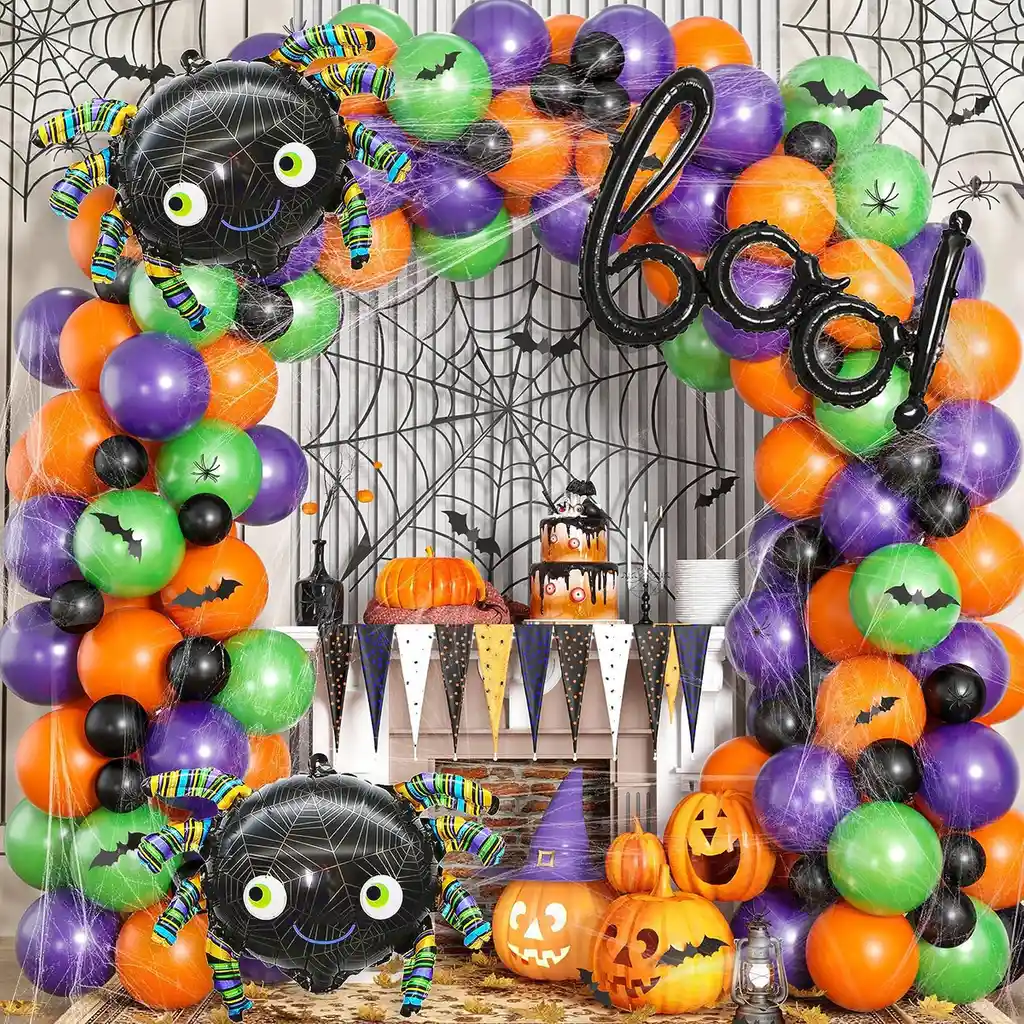 Kit Globos Halloween Arañas Boo Verde Naranja Morado