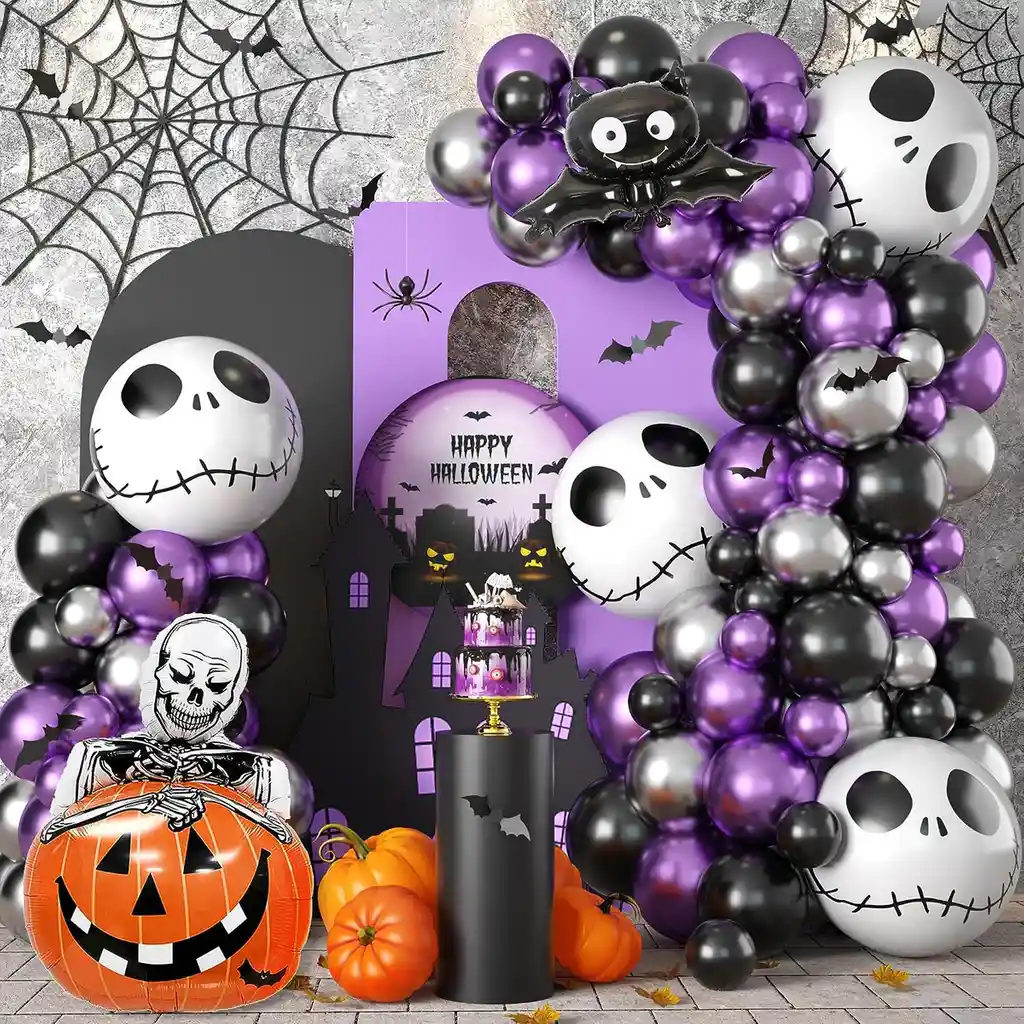 Kit Globos Halloween Calabaza Calaveras Morado Plateado