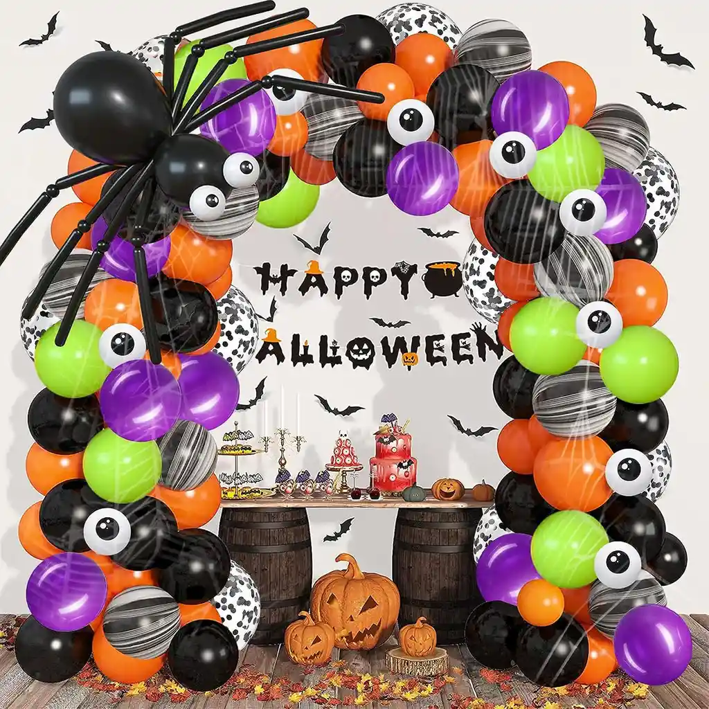 Kit Globos Halloween Araña Ojos Negro Morado Naranja