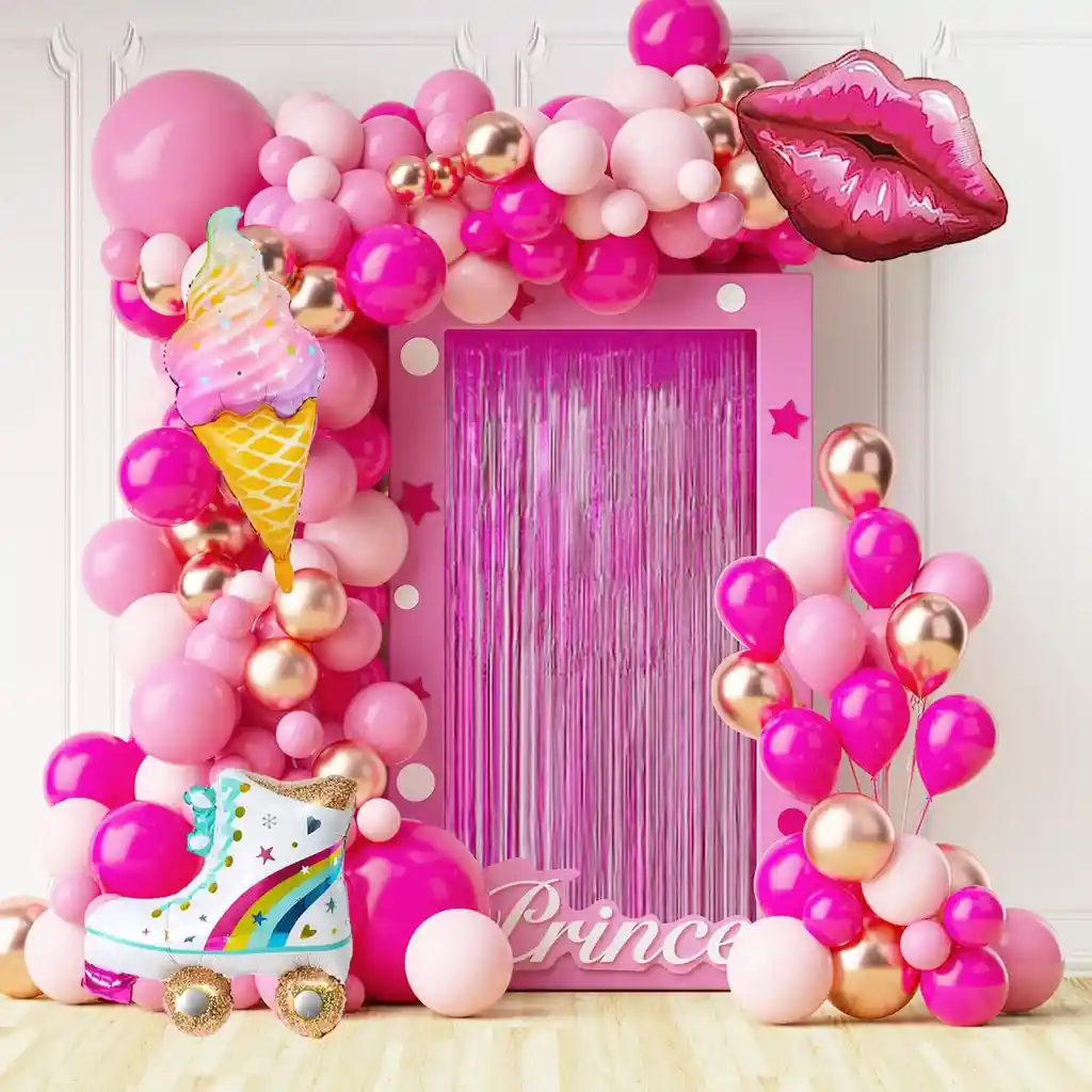 Arco Globos Barbie Patín Cono Kiss Fucsia Rosado Niña