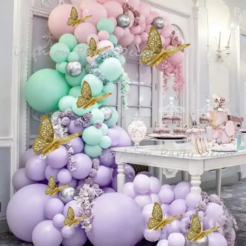 Arco Globos Pastel Morado Verde Rosado + 12 Mariposas