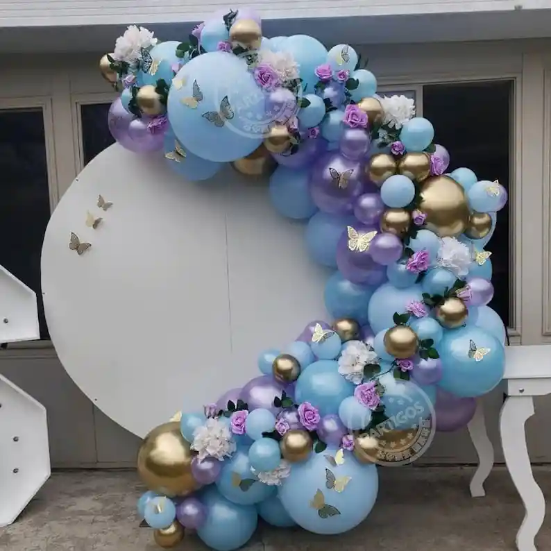 Arco Globos Dorado Azul Morado + 18 Mariposas