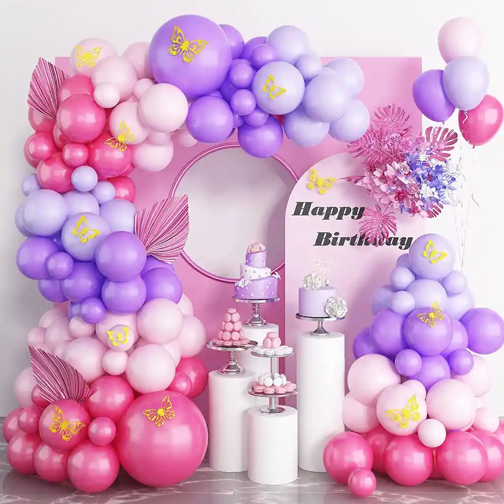 Arco Globos Mariposas Fucsia Morado Rosado