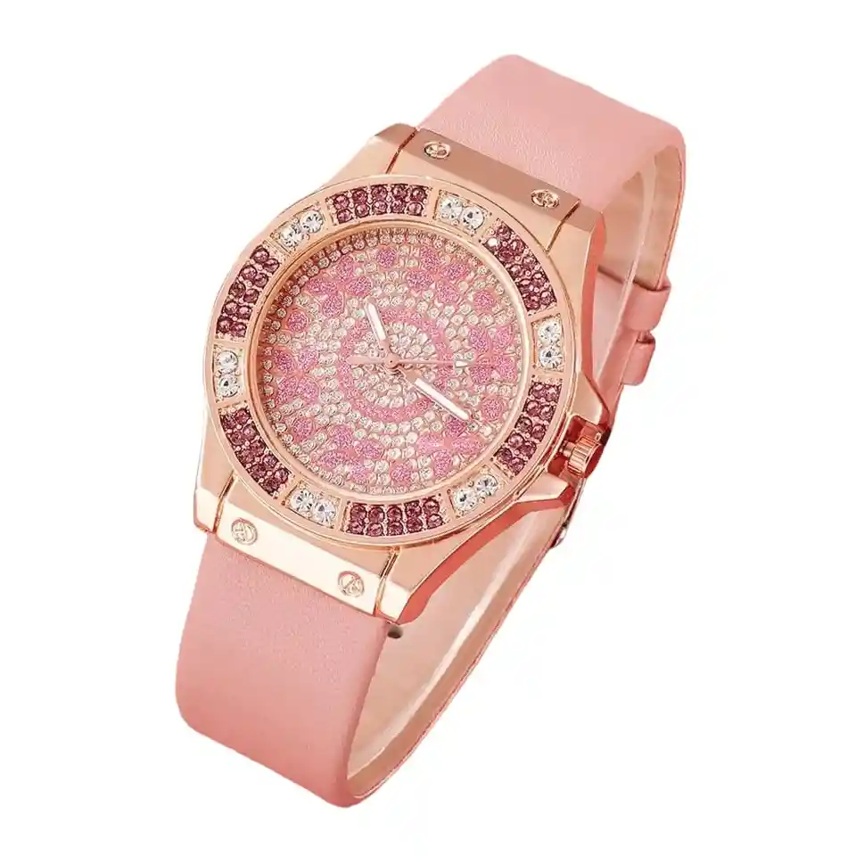 Kit Reloj Corazón Para Mujer + Juego De Collar Aretes Rosa