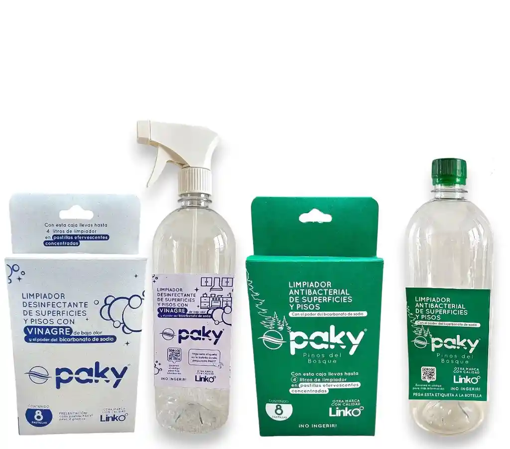 Duo Pack Limpiador Paky Con Aroma Pinos Del Bosques Y Limpiador Con Vinagre Paky, Con 2 Botellas, 1 Atomizador Y 1 Tapa