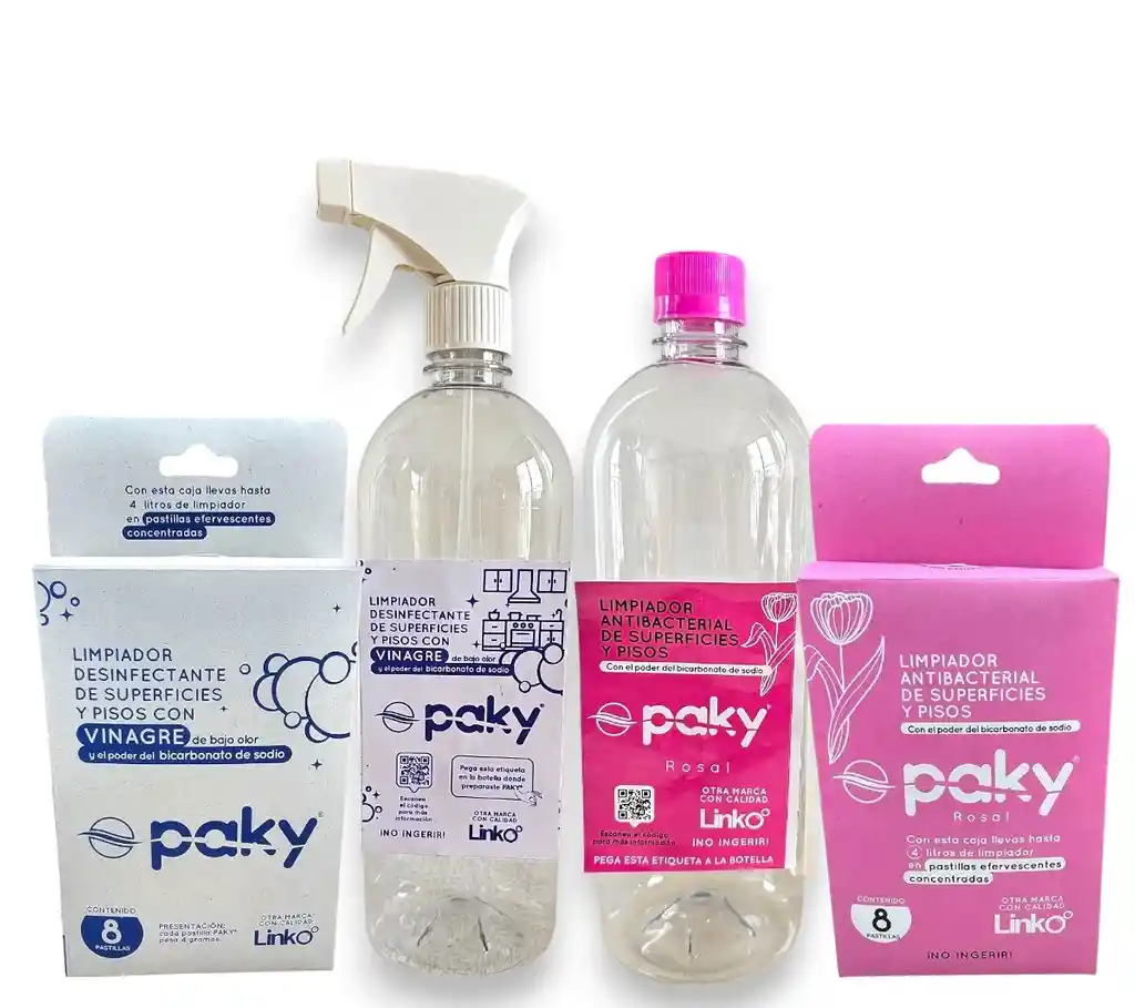Duo Pack Limpiador Paky Con Aroma Rosal Y Vinagre En Pastillas Efervescentes Paky Con 2 Botellas, 1 Atomizador Y 1 Tapa