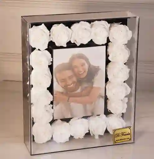 Porta Retratos Especial Regalo Papá Fondo Negro Con Rosas Preservadas Blancas , Con Foto Personalizada!