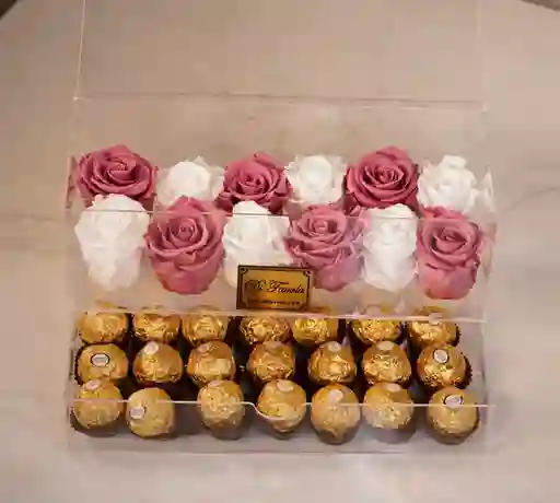 Cofre Lujoso X 12 Rosas Preservadas Y 21 Ferrero Rocher.