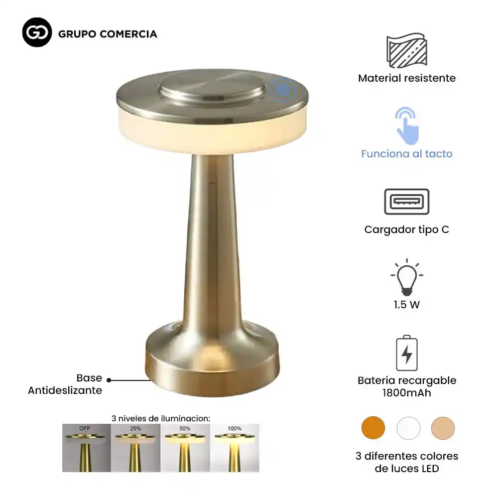 Lámpara De Mesa Led Recargable Táctil Graduable 3 Tonos