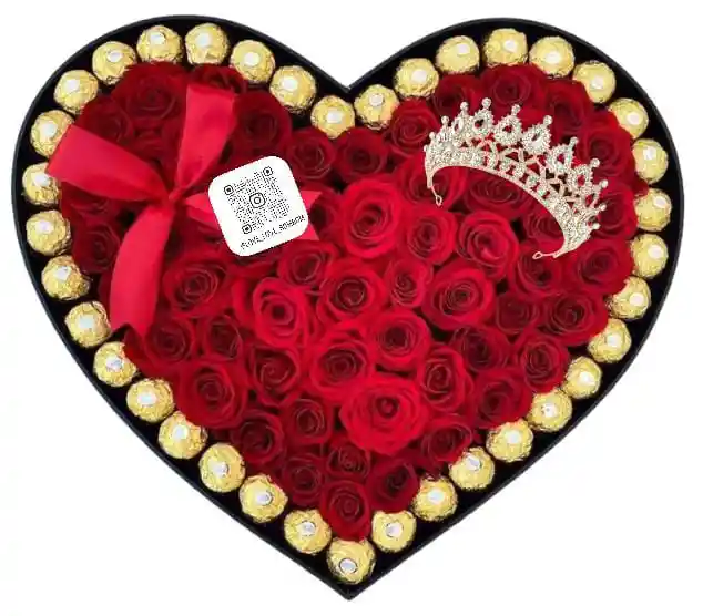 Caja Corazon Para San Valentin Grande 50 Rosas 37 Chocolates Y Corona Para La Reina