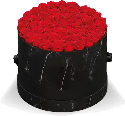 Caja Top Negra Mármol Cilíndrica Con Rosas Preservadas Rojas