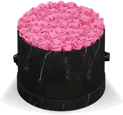 Caja Top Negra Mármol Cilíndrica Con Rosas Preservadas Rosadas