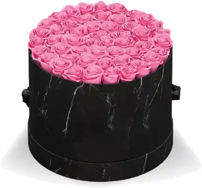 Caja Top Negra Mármol Cilíndrica Con Rosas Preservadas Rosadas
