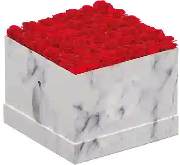 Caja Top Blanca Mármol Cuadrada Con Rosas Preservadas Rojas