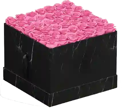 Caja Top Negra Mármol Cuadrada Con Rosas Preservadas Rosadas
