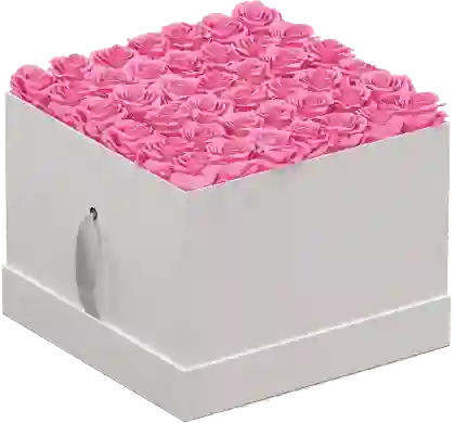 Caja Top Blanca Cuadrada Con Rosas Preservadas Rosadas