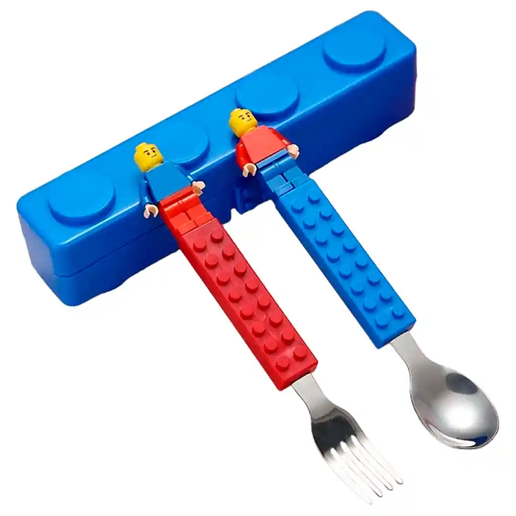 Kit X2 Cubiertos Niño Bloques Tipo Lego Cuchara Y Tenedor
