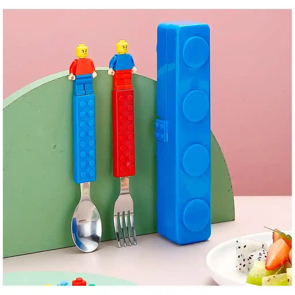 Kit X2 Cubiertos Niño Bloques Tipo Lego Cuchara Y Tenedor