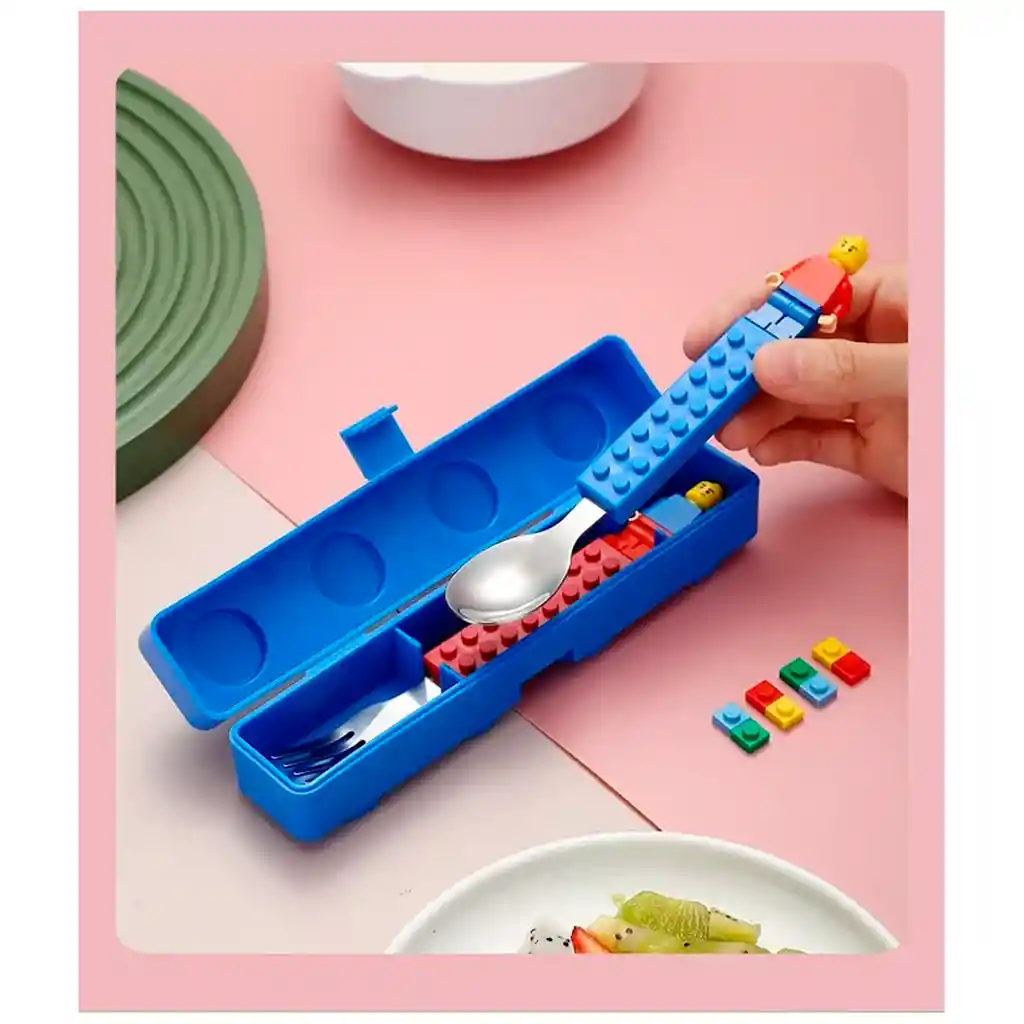 Kit X2 Cubiertos Niño Bloques Tipo Lego Cuchara Y Tenedor
