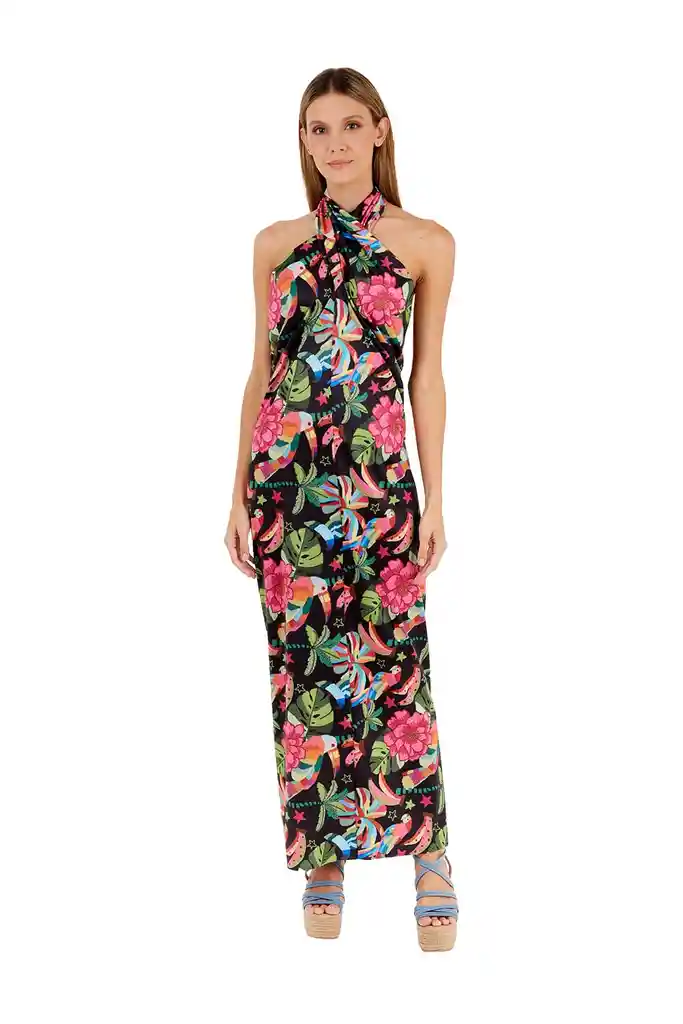 Vestido Largo Tropico Estampado Negro S