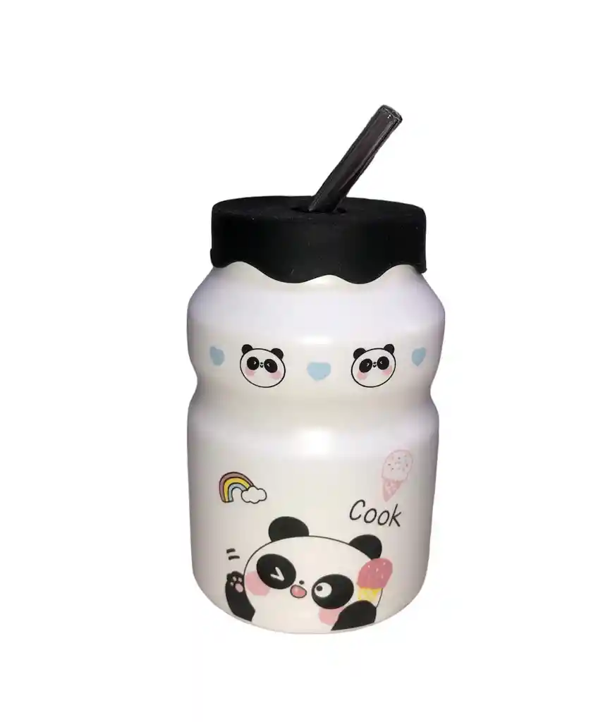 Mug Taza Pocillo Vaso Ceramica Tapa Y Cuchara Motivo Panda Con Arcoiris