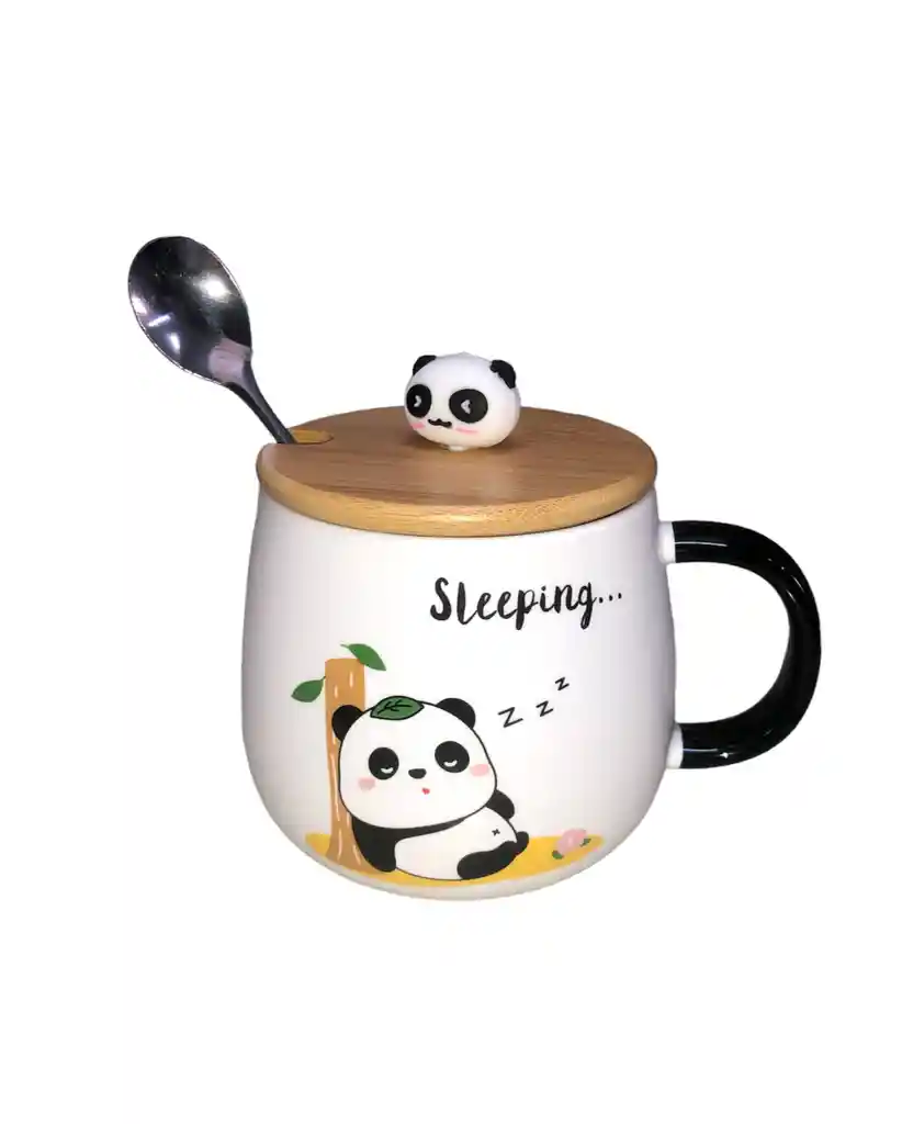 Mug Taza Pocillo Vaso Ceramica Tapa Y Cuchara Motivo Panda Sleeping