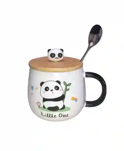 Mug Taza Pocillo Vaso Ceramica Tapa Y Cuchara Motivo Panda Little One