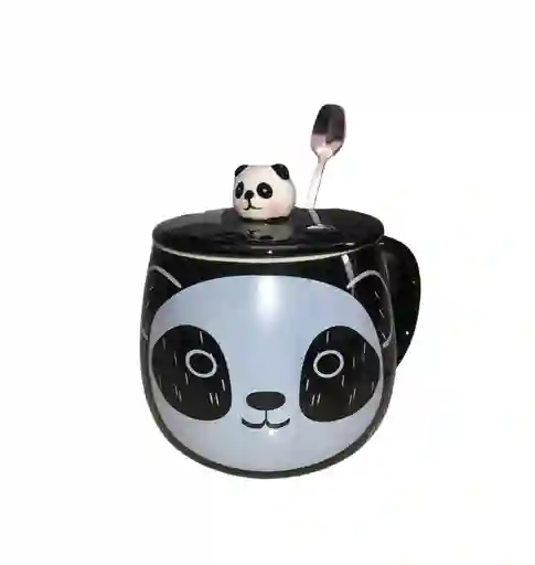 Mug Taza Pocillo Vaso Ceramica Tapa Y Cuchara Motivo Panda Negro