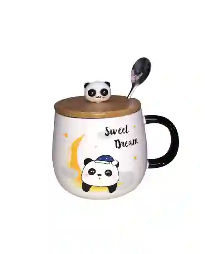 Mug Taza Pocillo Vaso Ceramica Tapa Y Cuchara Motivo Panda Sweet Dream
