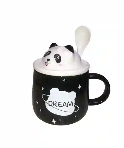 Mug Taza Pocillo Vaso Ceramica Tapa Y Cuchara Motivo Panda Vaso Negro, Tapa Blanca Dream