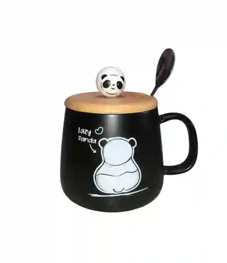 Mug Taza Pocillo Vaso Ceramica Tapa Y Cuchara Motivo Panda Lazy Panda