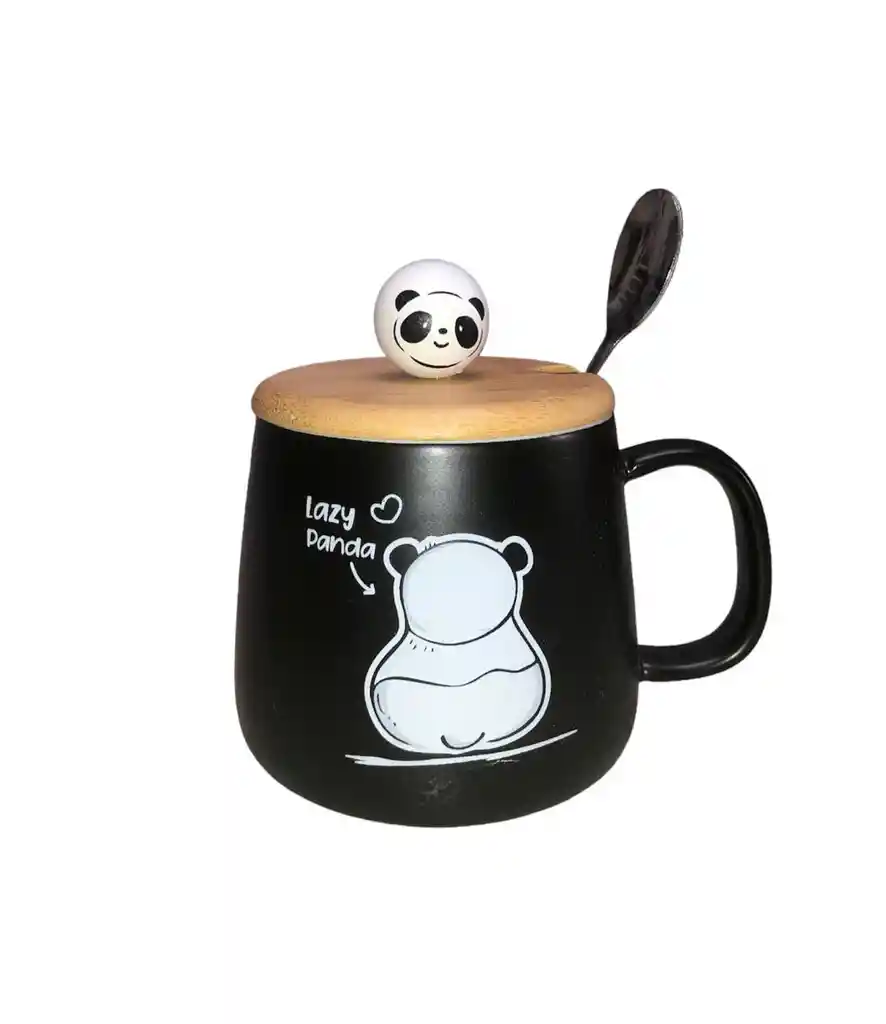 Mug Taza Pocillo Vaso Ceramica Tapa Y Cuchara Motivo Panda Lazy Panda