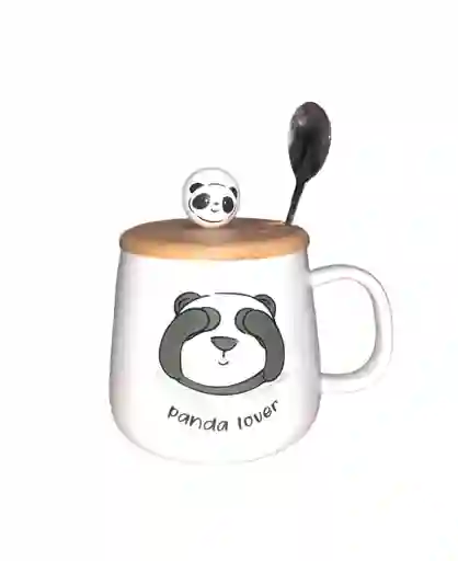 Mug Taza Pocillo Vaso Ceramica Tapa Y Cuchara Motivo Panda Panda Lover