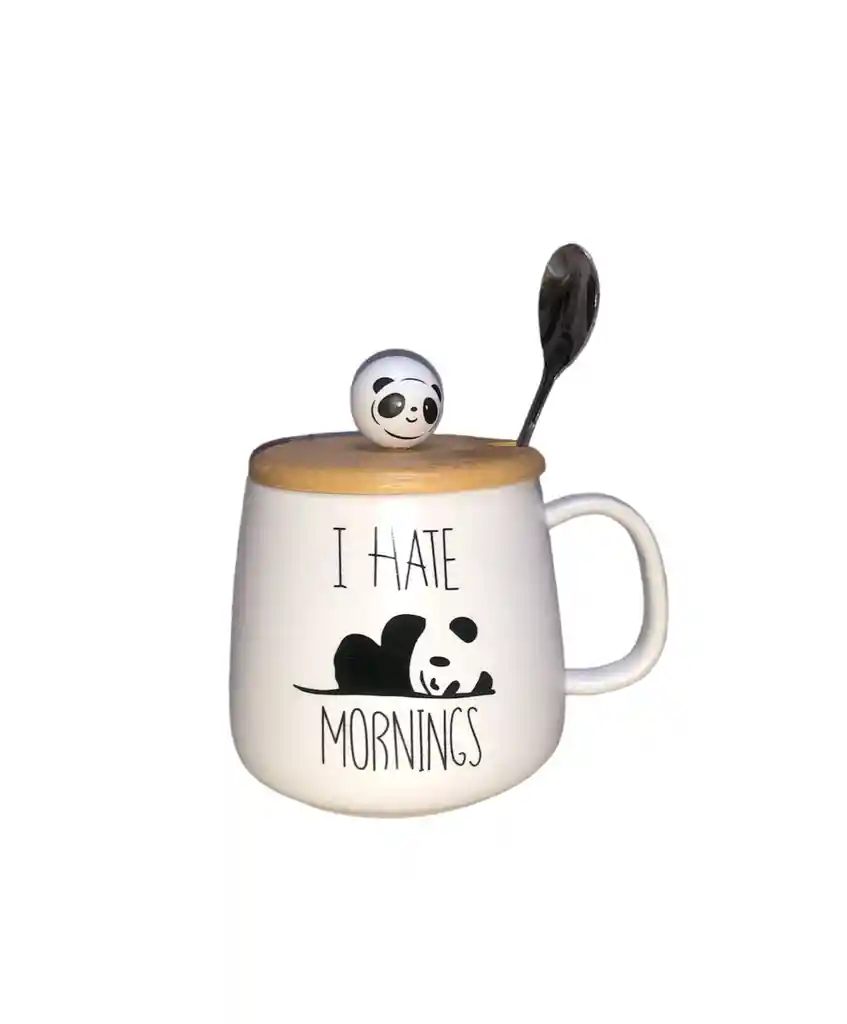 Mug Taza Pocillo Vaso Ceramica Tapa Y Cuchara Motivo Panda I Hate Mornings