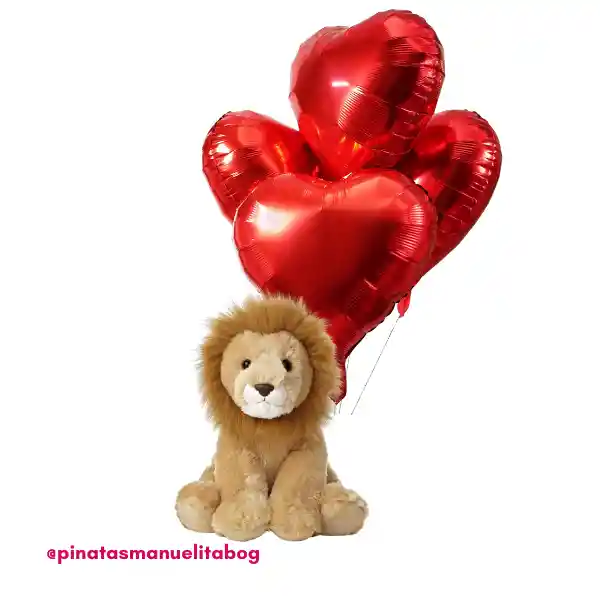 Peluche Leon + 4 Globos Metalizados Corazon Inflados Con Helio